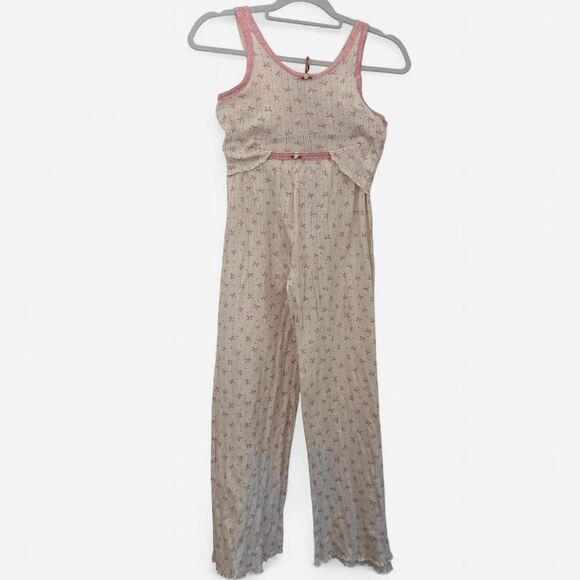 Viral TJ Maxx Just Chillin Cream & Pink Bow Knit Pajama Set top bottom pajama XS - Picture 2 of 6